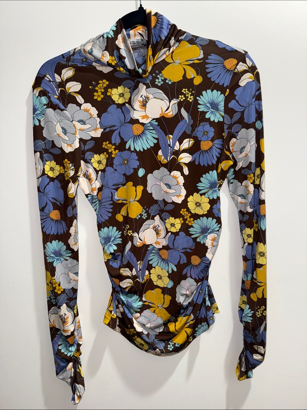 Zara Brown Floral Long-Sleeve Mock Neck Top with Blue & Yellow Accents